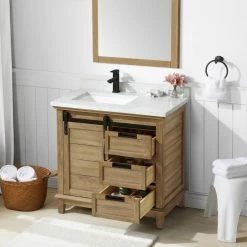 Ove Decors Edenderry 36 in. Single Sink Bathroom Barn Door Vanity with Countertop, Rustic Almond, 15VVAR-EDEN36-122EI -Cheap Ove Decors Store 1732390 A3