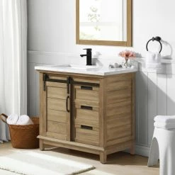 Ove Decors Edenderry 36 in. Single Sink Bathroom Barn Door Vanity with Countertop, Rustic Almond, 15VVAR-EDEN36-122EI -Cheap Ove Decors Store 1732390 A4